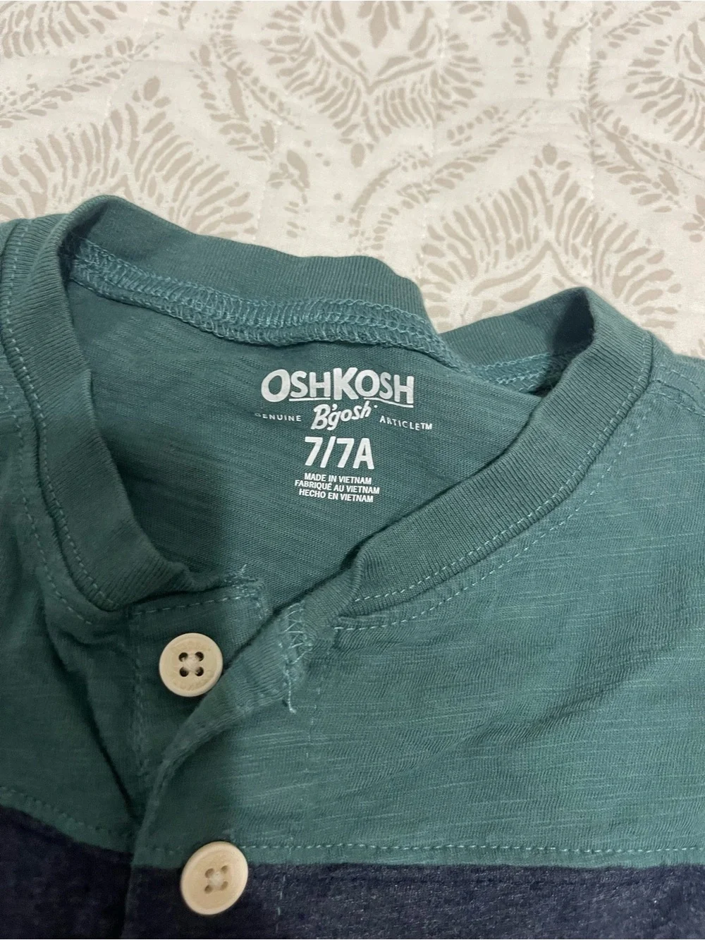 OshKosh B'gosh Green & Navy Long Sleeve Henley with Stripe Sleeves